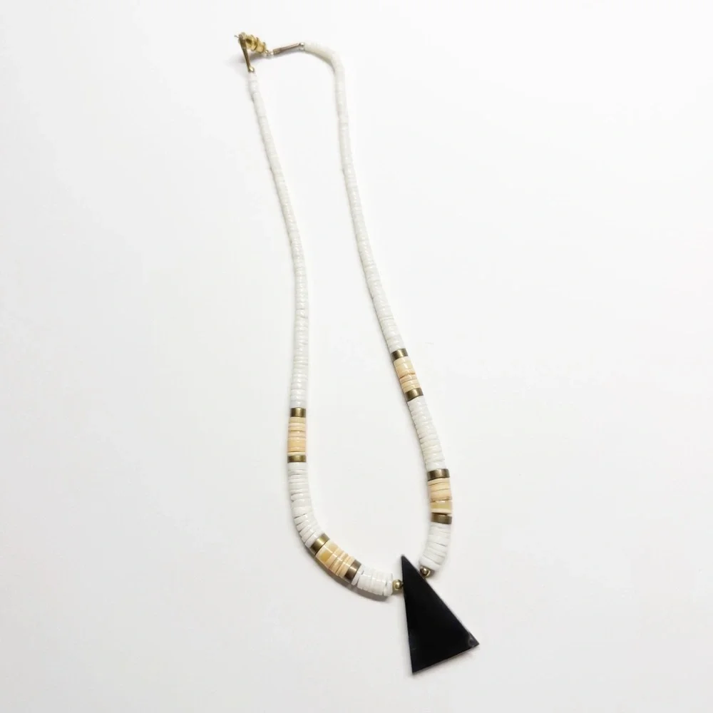 Vintage Puka Shell Abalone Inlay Triangle Pendant Necklace